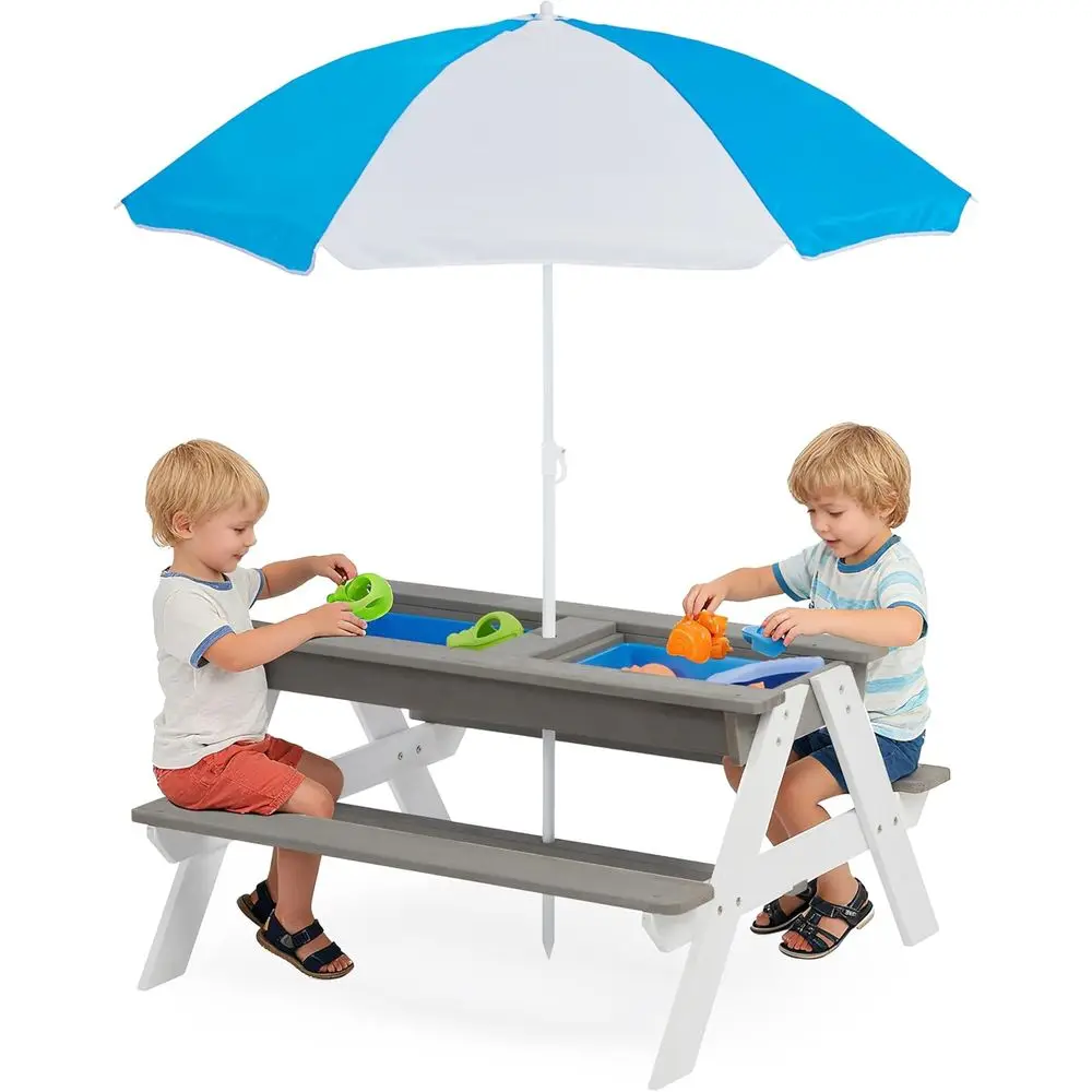 Kids Outdoor Table With Umbrella - Convertible 3-in-1 Wooden Picnic Table for