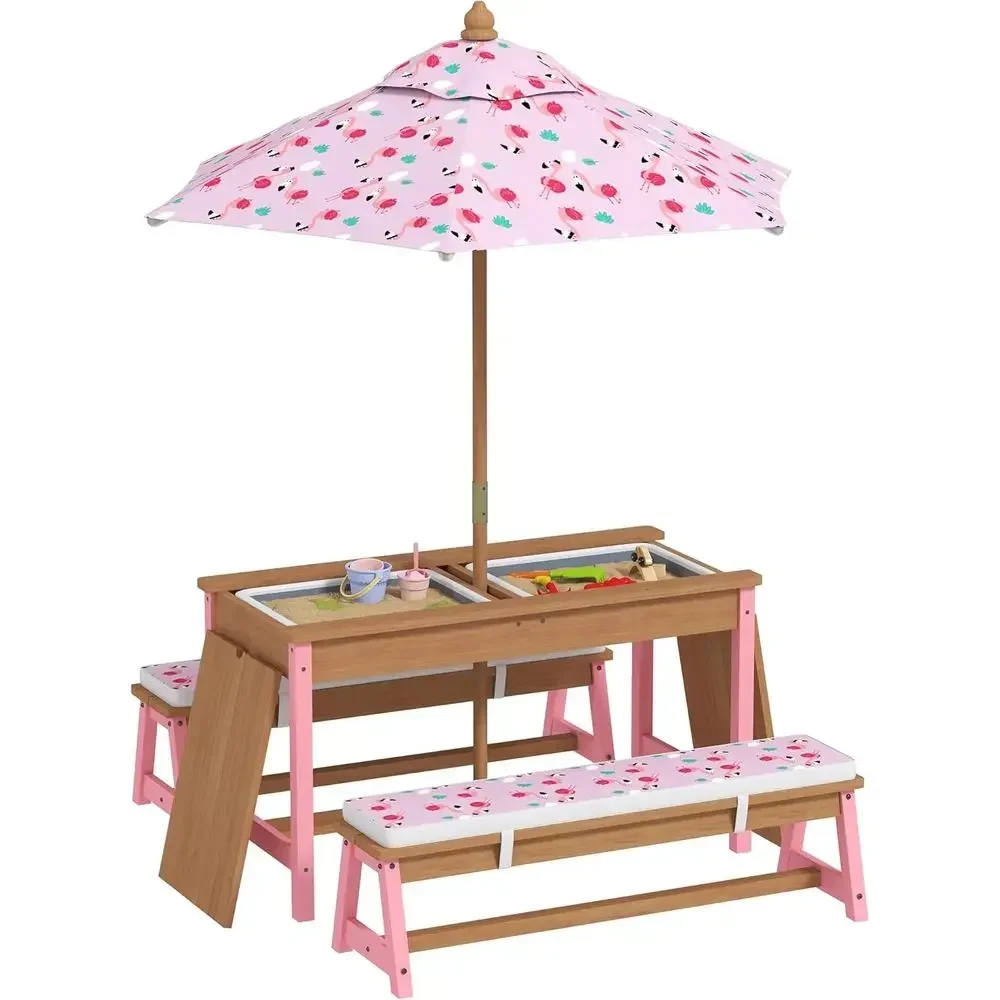 Kids Outdoor Table With Umbrella - Wooden Picnic Table Set with Umbrella,